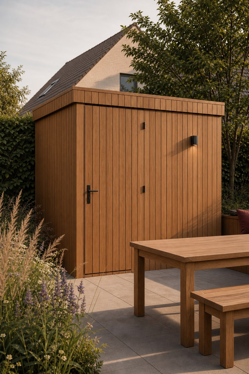 Houten bijgebouw en buitenmeubilair in de tuin