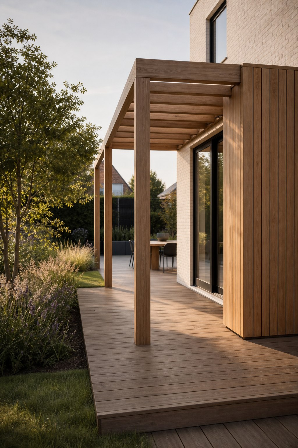 Buitenproject in hout met terras en gevelaccenten