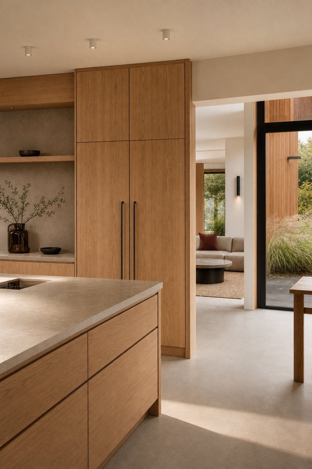 Houtmaatwerk in een afgewerkte woning met maatkasten en houten details