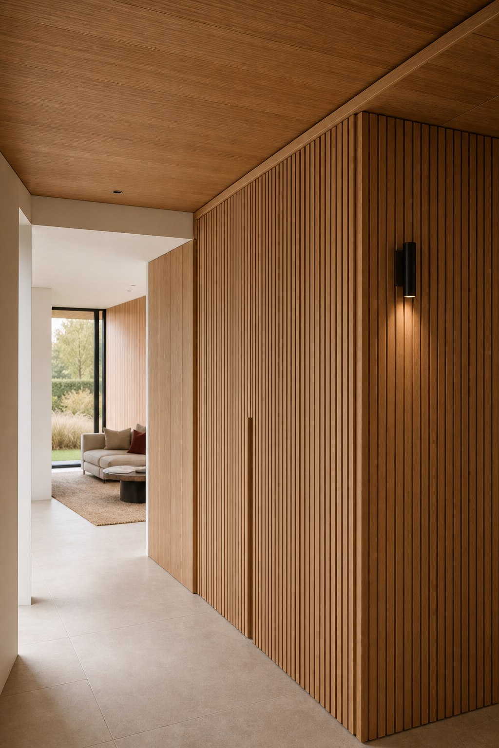 Houten wand- en plafondbekleding in een modern interieur
