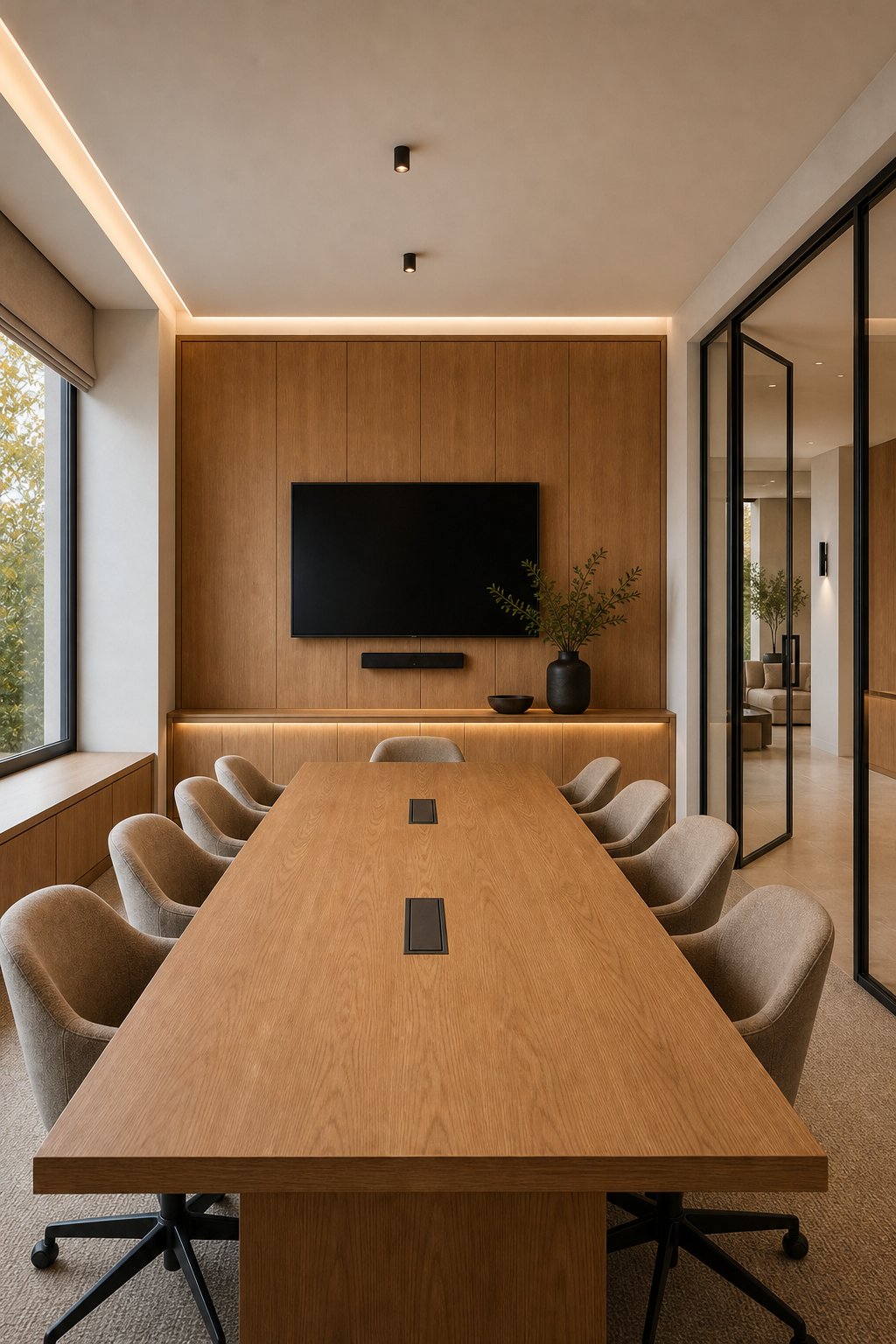 Vergaderruimte met houten tafel en wandaccenten