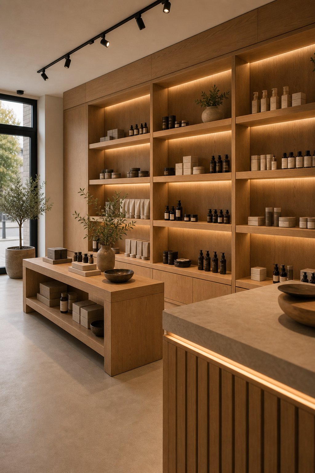 Presentatiewand en displaymeubilair in hout voor een winkel