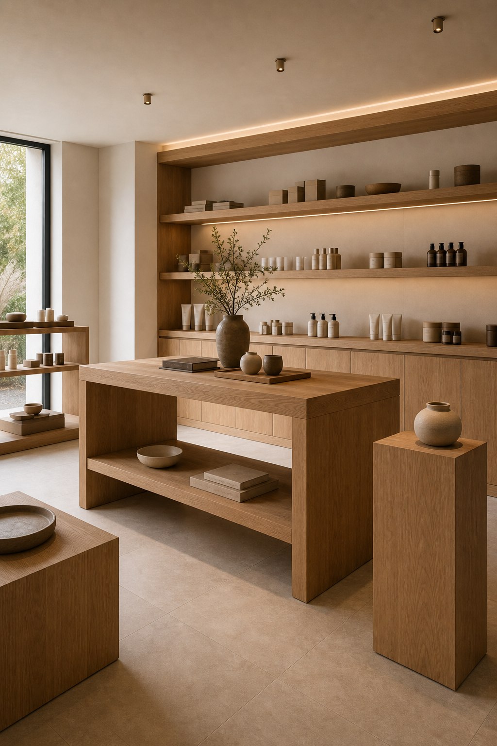 Winkelinrichting op maat met houten presentatiemeubilair