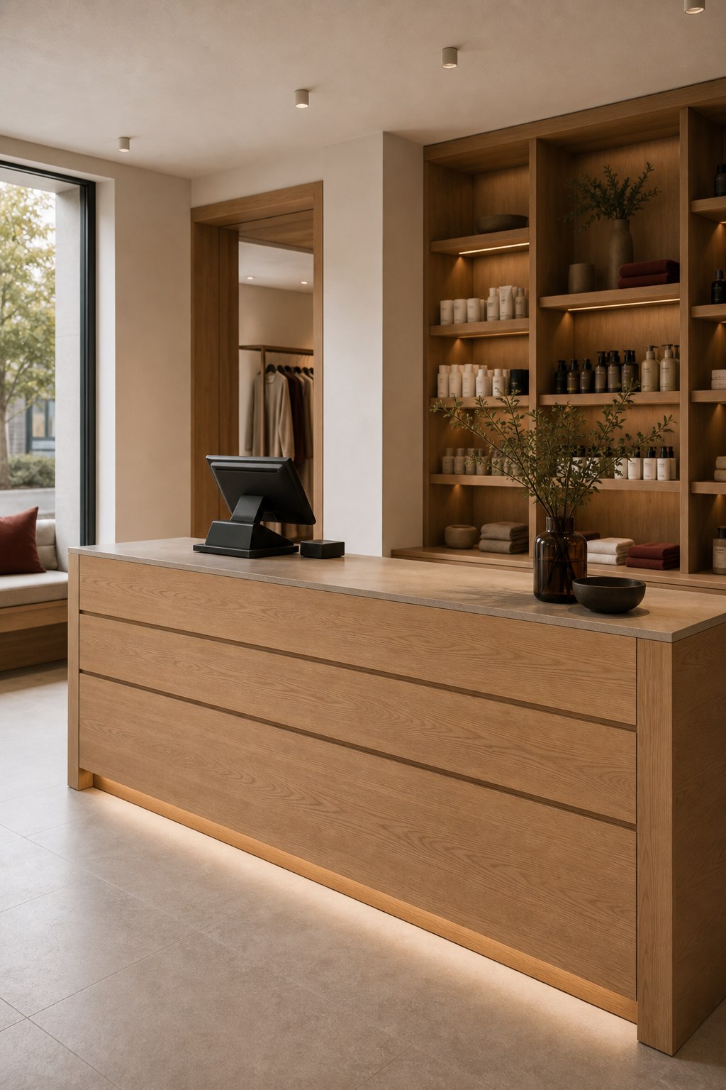 Toonbank en balie in hout voor een winkel