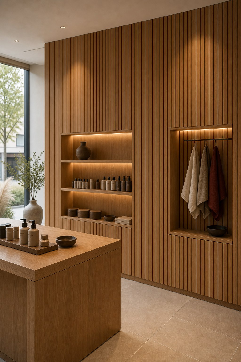Wandbekleding en accenten in hout voor een winkel